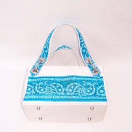 FUNKE wit leren handtas met blauw paisley printed cotton