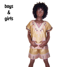 African dashiki set KHAKI | shirt + short | Vlisco ANGELINA | unisex maat L = 6-8 jaar