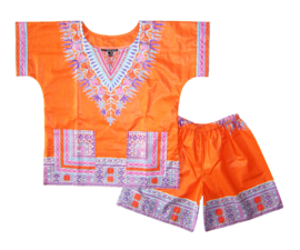 African dashiki set ORANGE | shirt + short | Vlisco ANGELINA | unisex maat L = 6-8 jaar