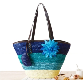 STRANDTAS BLOEM blauw | zomerse shopper van stro