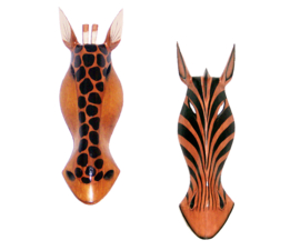 50 cm Set houten maskers ZEBRA + GIRAFFE bruin - dierenmaskers