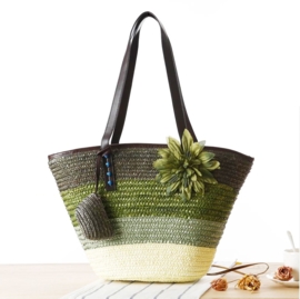 STRANDTAS BLOEM legergroen | zomerse shopper van stro