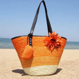 STRANDTAS BLOEM oranje | zomerse shopper van stro