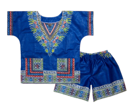 African dashiki set BLUE | shirt + short | Vlisco ANGELINA | unisex maat L = 6-8 jaar