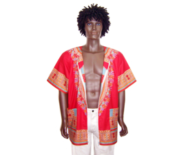 Dashiki vest/shirt met witte rits CORAL RED Vlisco ANGELINA