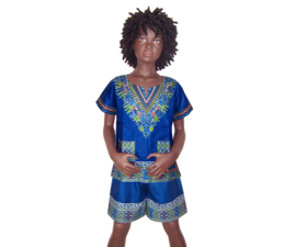African dashiki set BLUE | shirt + short | Vlisco ANGELINA | unisex maat L = 6-8 jaar