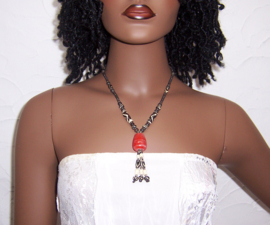 MUDCLOTH ketting | African mudcloth batik bone beads | rood