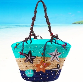 STRANDTAS 3-COLOR turquoise | exotische shopper van stro