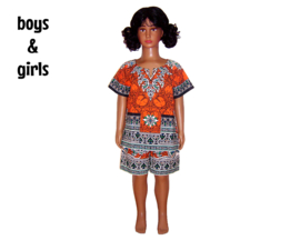 Afrikaanse dashiki set ORANGE | shirt + short | unisex | kleuter | maat M = 4-6 jaar