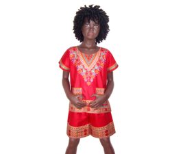 Afrikaanse dashiki set CORAL RED | shirt + short | Vlisco ANGELINA | unisex maat L = 6-8 jaar