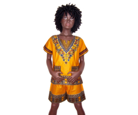 African dashiki set YELLOW GOLD | shirt + short | Vlisco ANGELINA | unisex maat L = 6-8 jaar