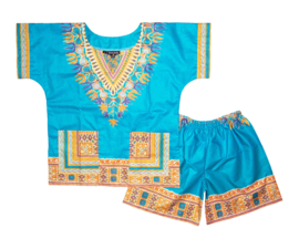 African dashiki set TURQUOISE | shirt + short | Vlisco ANGELINA | unisex maat L = 6-8 jaar