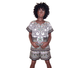 Afrikaanse dashiki set WHITE | shirt + short | unisex | kinderen maat L = 6-8 jaar