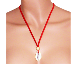 COWRIE KETTING rood | african kauri schelp aan lange leerveter