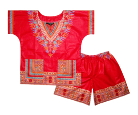African dashiki set CORAL RED | shirt + short | Vlisco ANGELINA | unisex maat L = 6-8 jaar