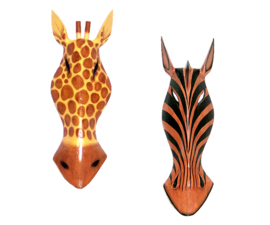 50 cm Set houten maskers ZEBRA + GIRAFFE geel - dierenmaskers