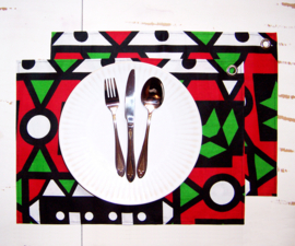 Afrikaanse PLACEMATS Samakaka rood-groen | set van 2 | african wax print  | 32,5 x 45 cm | katoen