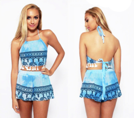 STRAND SETJE top + short | lichtblauw met batik print | mt 38