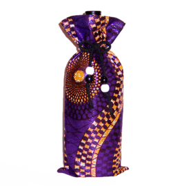 PURPLE PARTY wijntas van afrikaanse wax print | wine bag met koord en houten kralen