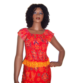Tropisch setje RED | wikkelrok + baby doll smock top RED | S/M