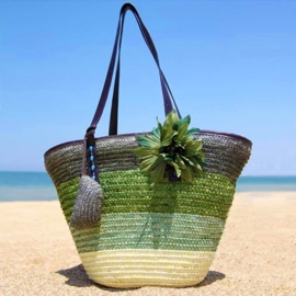 STRANDTAS BLOEM legergroen | zomerse shopper van stro