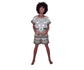 Afrikaanse dashiki set WHITE | shirt + short | unisex | kinderen maat L = 6-8 jaar