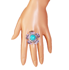 RING FLOWER tibetaans zilver met turquoise steen | verstelbaar