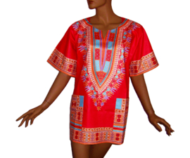 Afrikaans dashiki shirt  CORAL RED | Vlisco ANGELINA | unisex