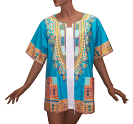 DASHIKI vest met rits ANGELINA TURQUOISE | african Wax Print van VLISCO | unisex | maat L