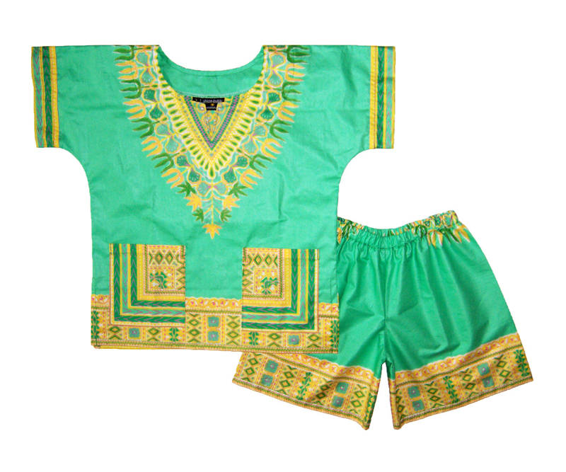 African dashiki set MINT GREEN | shirt + short | Vlisco ANGELINA | unisex maat L = 6-8 jaar