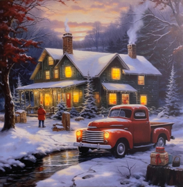 Schilderij met verlichting - Huis met rode truck in bos - 8 x LED - 40 x 40 cm - KW4030