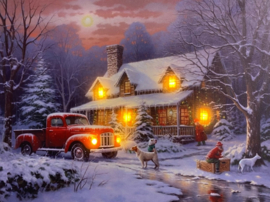 Schilderij met verlichting - Verlicht huis met truck in bos - 6 x LED - 40 x 30 cm - KW3100