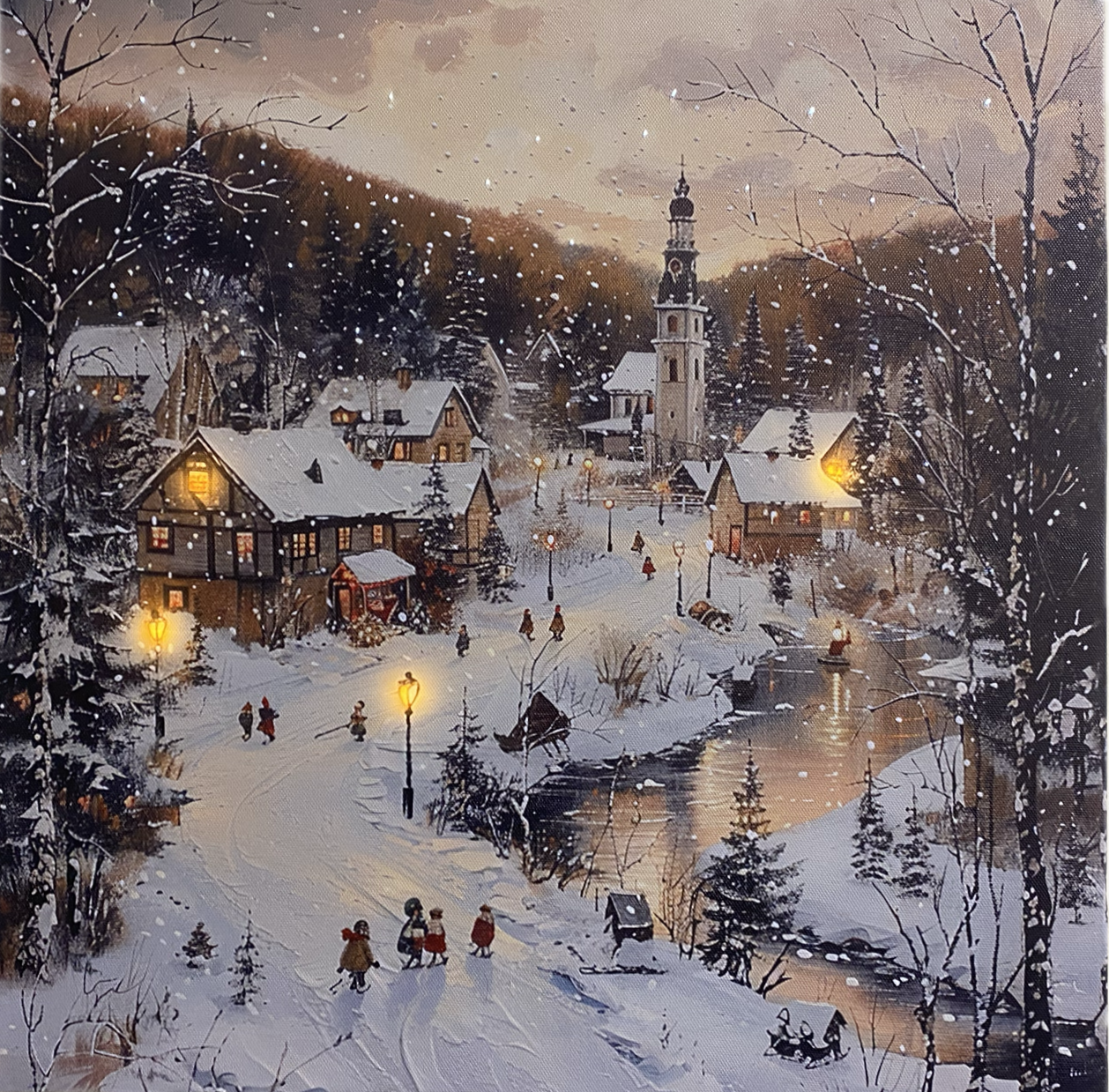 Schilderij met verlichting - Levendig dorp tijdens sneeuwbui - 4 x LED + 30 fibers - 40 x 40 cm - KW4050