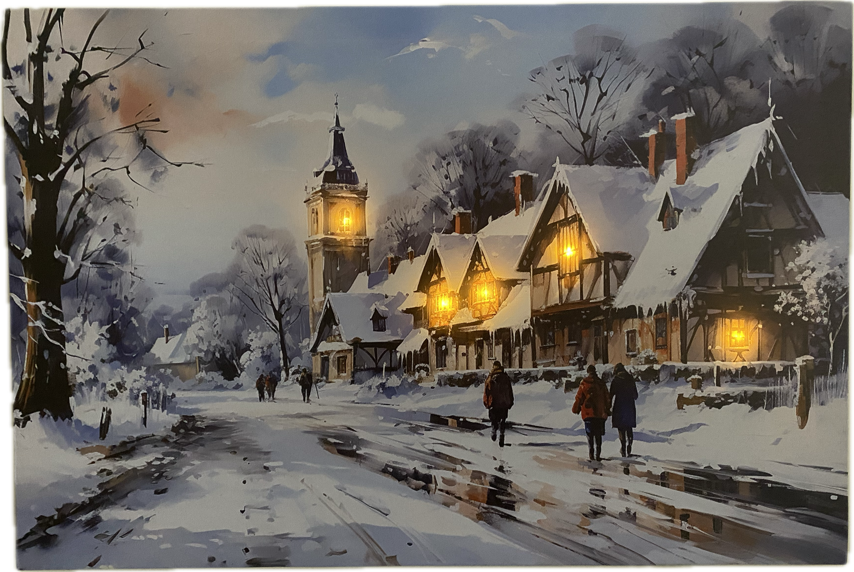 Schilderij met verlichting - Kerkdorp met wandelaars - 5 x LED - 60 x 40 cm  KW2150