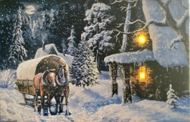 Schilderij met verlichting - Paarden met huifkar in sneeuwlandschap - 2 x LED + 30 Fibers - 60 x 40 cm - KW2080
