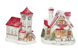 Winterhuis + Kerkje met Ledverlichting - H=14cm - Set van 2 stuks  KH0250