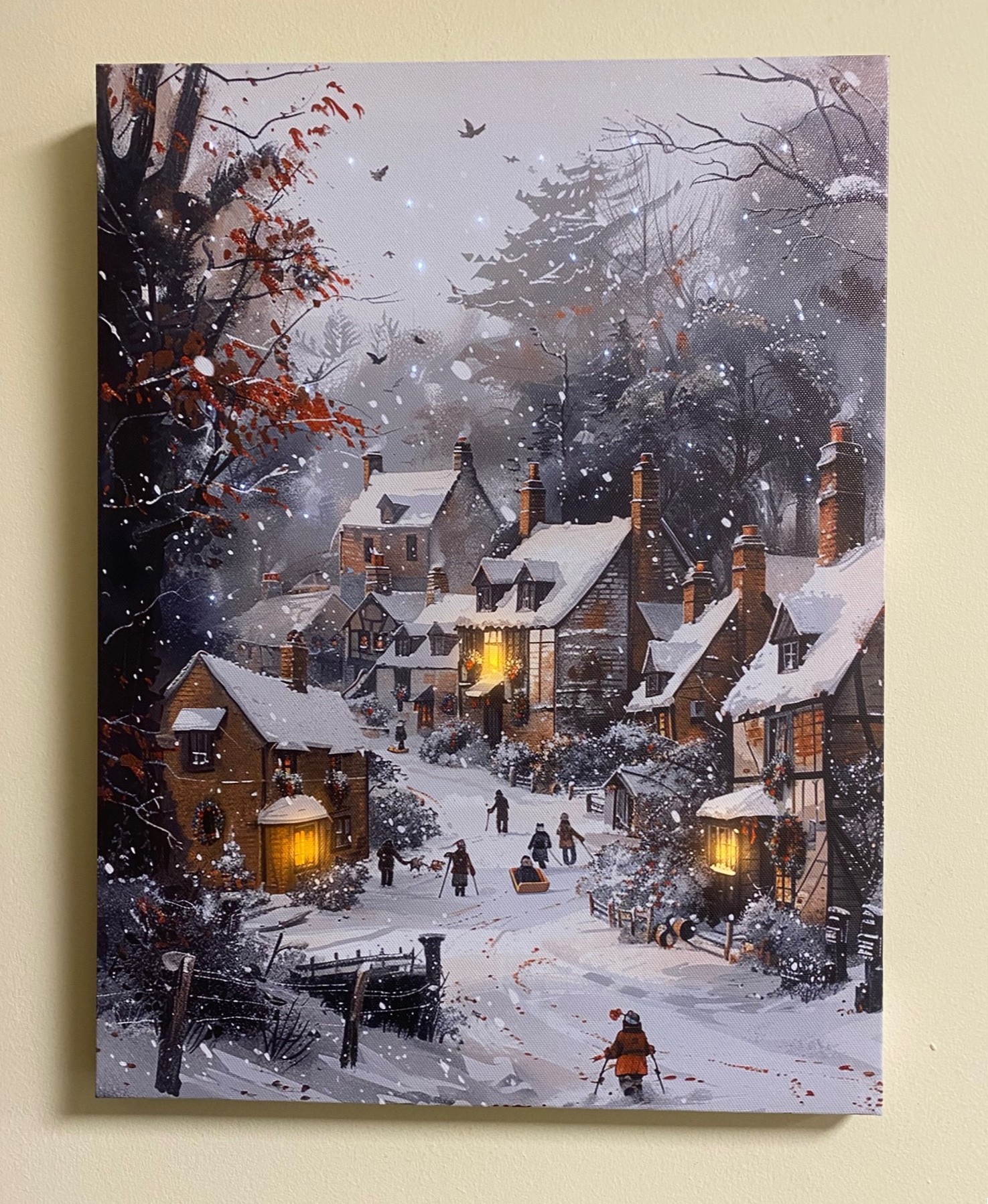 Schilderij met verlichting - Dorpje in besneeuwd bos - 3 x LED + 30 Fibers - 30 x 40 cm - KW3500