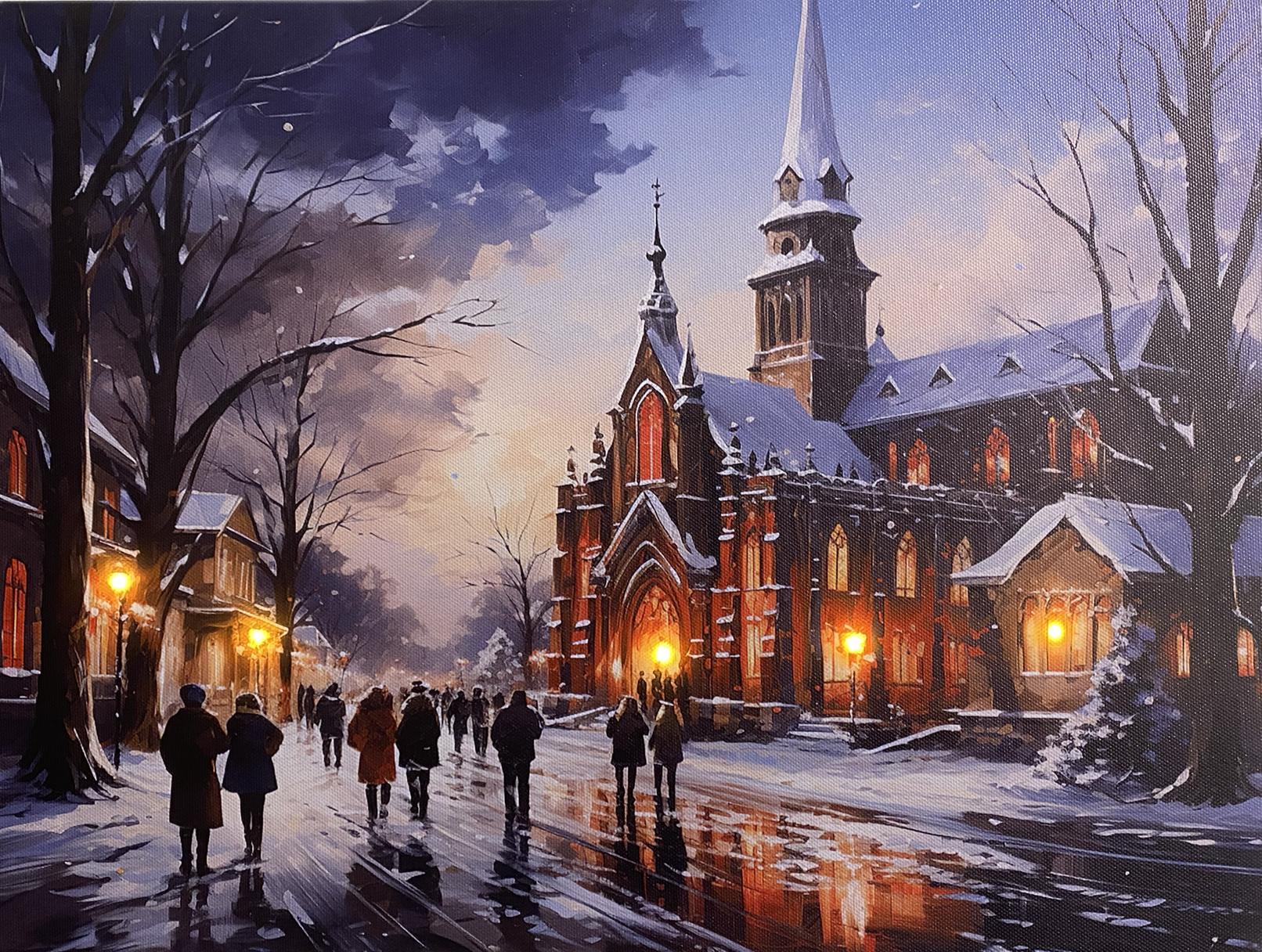 Schilderij met verlichting - Grote verlichte kerk met kerkgangers - 5 x LED - 40 x 30 cm - KW3110