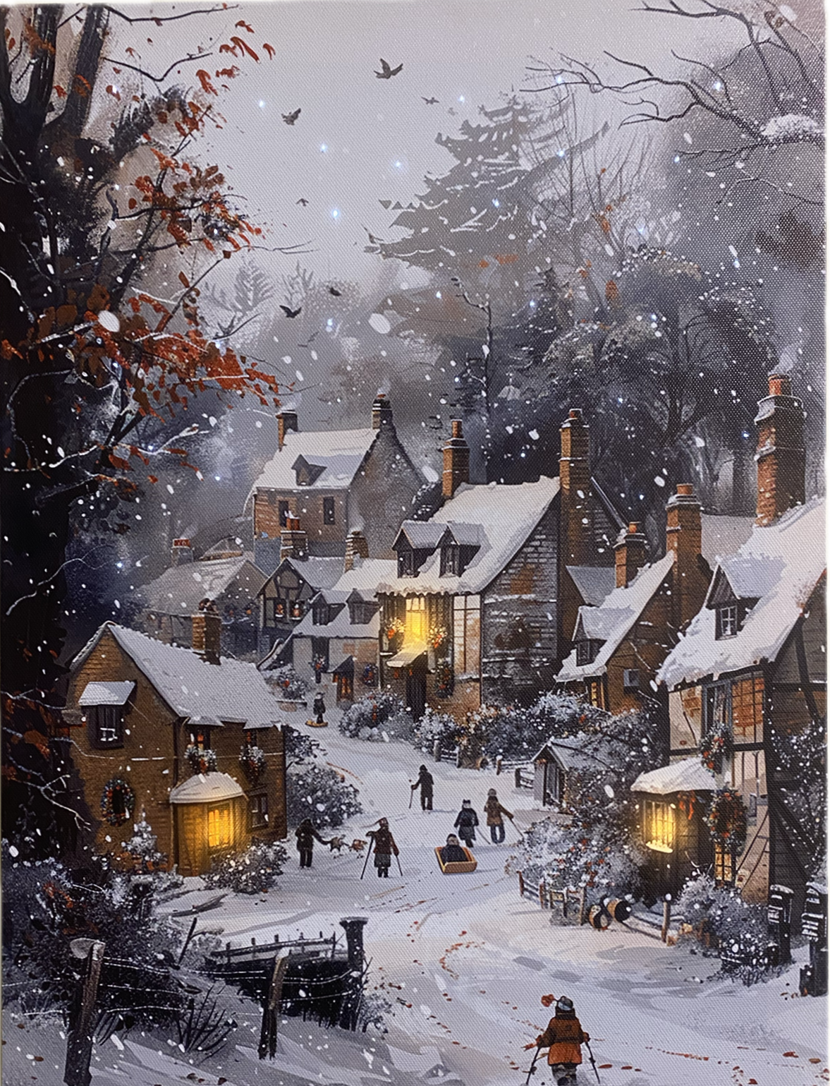 Schilderij met verlichting - Dorpje in besneeuwd bos - 3 x LED + 30 Fibers - 30 x 40 cm - KW3500
