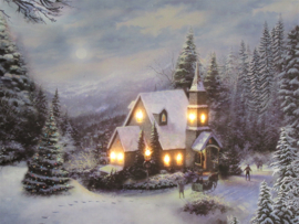 Schilderij met verlichting - Kerk in winterlandschap - 8 x LED - 20 x Fiber Optic - 40 x 30 cm -  KW3030