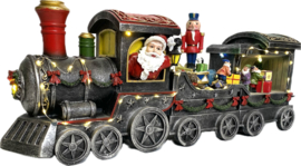 Grote Kersttrein met kerstman , elfjes en draaiende notenkraker - Led - Muziek - Adapter  KH7055
