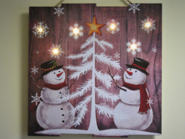 Wandbord hout met verlichting - 40x40x2,2cm - 6 x LED - 2 Sneeuwpoppen - KW5065
