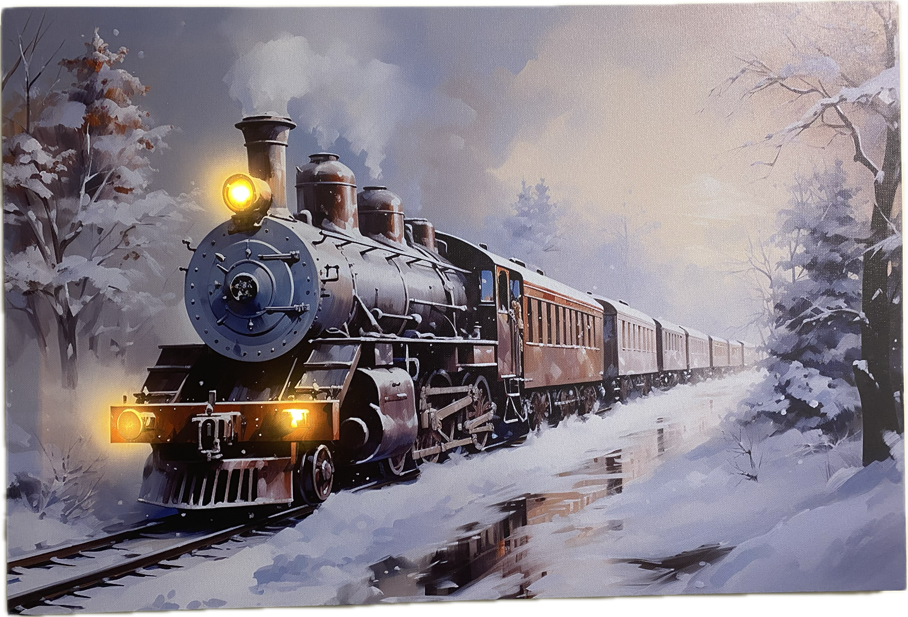Schilderij met verlichting - Stoomlocomotief in winterlandschap - 3 x LED - 60 x 40 cm  KW2140