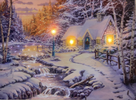 Schilderij met verlichting - Huisje in het bos naast beekje - 3 x LED + 30 Fibers - 40 x 30 cm - KW3070