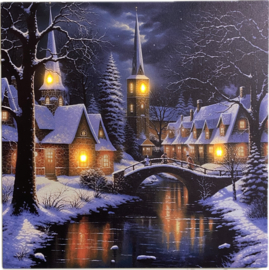Schilderij met verlichting - Kerk bij rivier - 4 x LED - 40 x 40 cm - KW4020