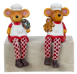 Kerstmuizen in bakkerskleren met bungelbenen - H=18cm B=7,5cm - Set van 2 stuks - KD0150