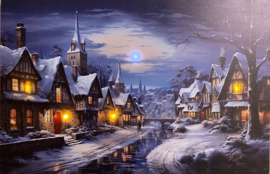 Schilderij met verlichting - Sfeervol bergdorp bij rivier in maneschijn - 5 x LED - 60 x 40 cm  KW2120