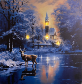 Schilderij met verlichting - Kerk met hert in rivier - 4 x LED - 40 x 40 cm - KW4040