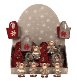24 x Kerstbeeldjes (Rendieren) in stoffen tasje 4ass  KE5015