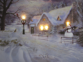 Schilderij met verlichting - Huisje met sneeuwpop - 4 x LED - 40 x 30 cm -  KW3010